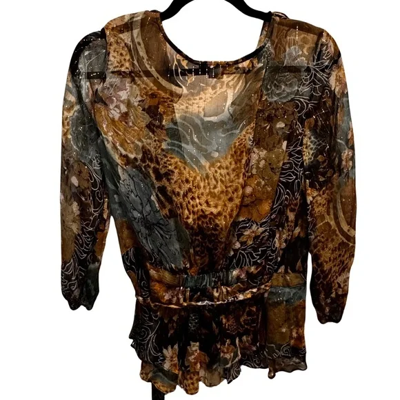 ECI New York beautiful metallic sheer ruffled neck wrap blouse size Large - Picture 6 of 6